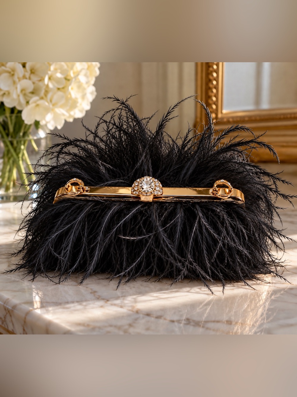 Black Feather Evening Clutch with Gold Detail